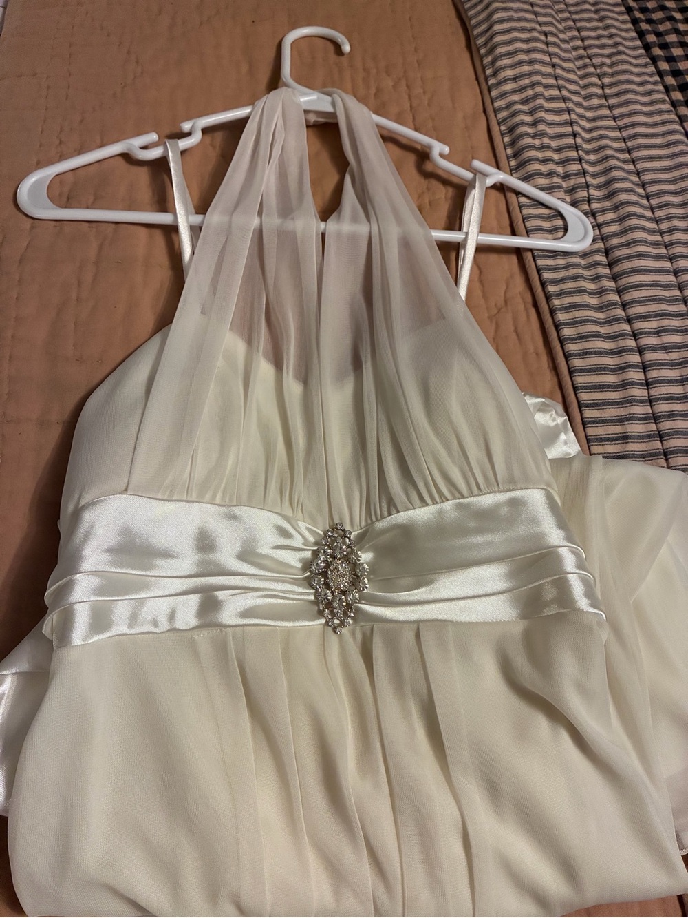 Cream Halter Satin & Chiffon Party Dress